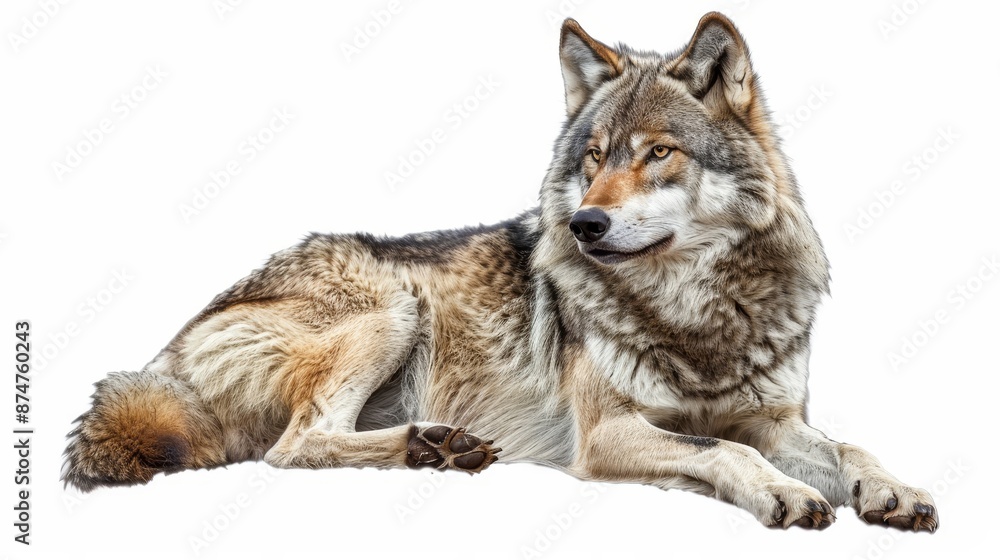Obraz premium A wolf is laying down on a white background