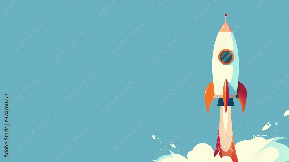 Rocket launching into space with a blue sky background. Concept of startup, innovation, growth, and success Rocket launching into space with a blue sky background. Concept of startup, innovation, growth, and success