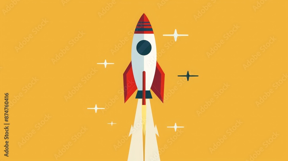 Red and white rocket launching into space with a yellow background. Concept of startup, growth, success, and innovation Red and white rocket launching into space with a yellow background. Concept of startup, growth, success, and innovation
