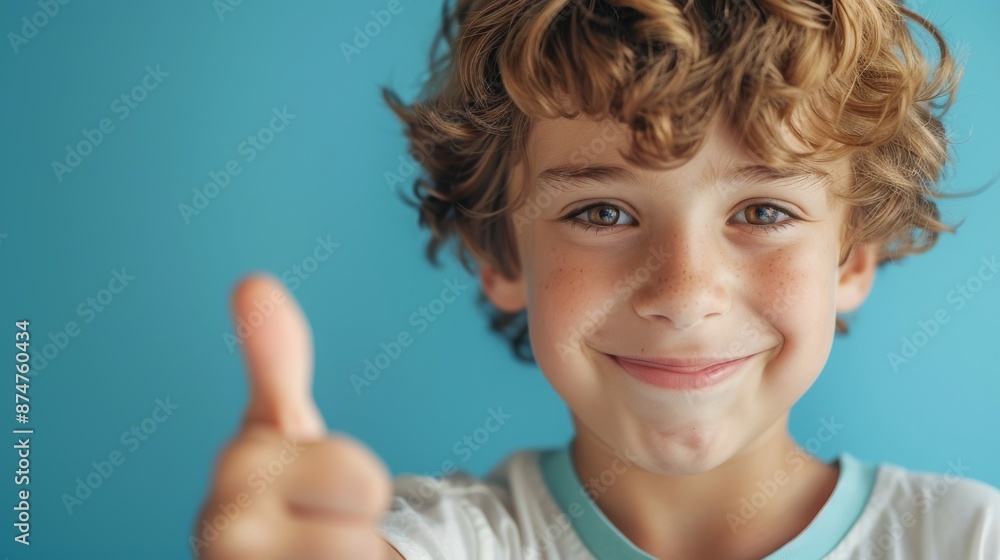 Happy young boy with curly hair giving a thumbs up against a blue background. Concept of positivity, childhood, and approval. Happy young boy with curly hair giving a thumbs up against a blue background. Concept of positivity, childhood, and approval.