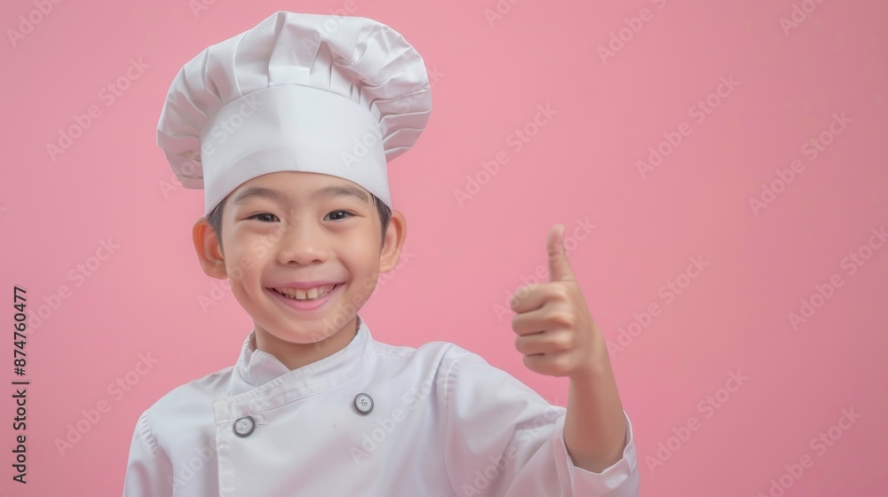 Cheerful Little Baker with Professional Tools Giving Thumbs-Up on Pastel Background Cheerful Little Baker with Professional Tools Giving Thumbs-Up on Pastel Background