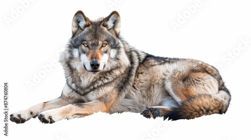 A wolf is laying down on a white background