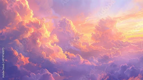 Spectacular sunset sky with fluffy clouds, colorful cloudscape painting, concept of hope, peace, and serenity