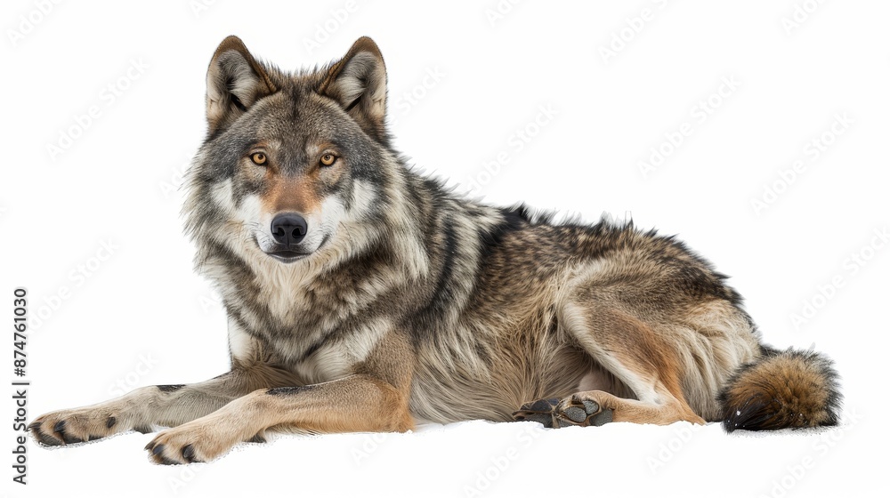 Obraz premium A wolf is laying down on a white background