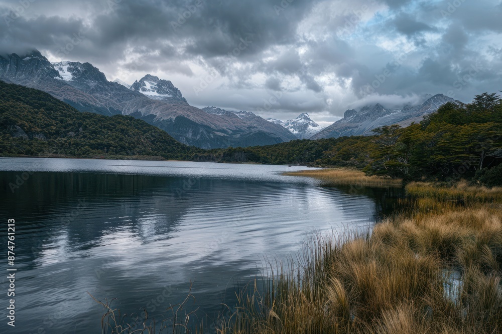 Serene mountain lake reflecting cloudy sky, showcasing majestic peaks and tranquil nature. Concepts. landscape, travel, scenery, wilderness Serene mountain lake reflecting cloudy sky, showcasing majestic peaks and tranquil nature. Concepts. landscape, travel, scenery, wilderness