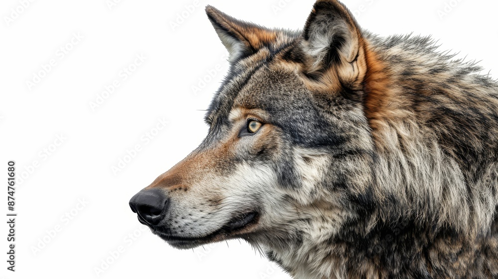 Fototapeta premium A wolf with a brown and black coat and a blue eye