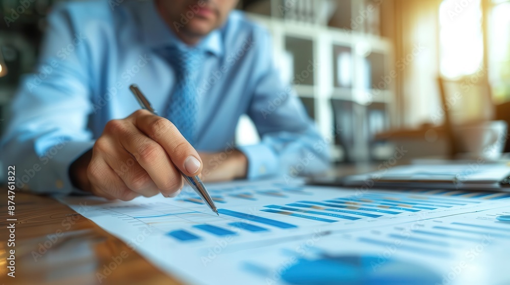 Businessman reviewing financial graph and chart report. Data analysis and investment planning in a corporate office setting. Businessman reviewing financial graph and chart report. Data analysis and investment planning in a corporate office setting.