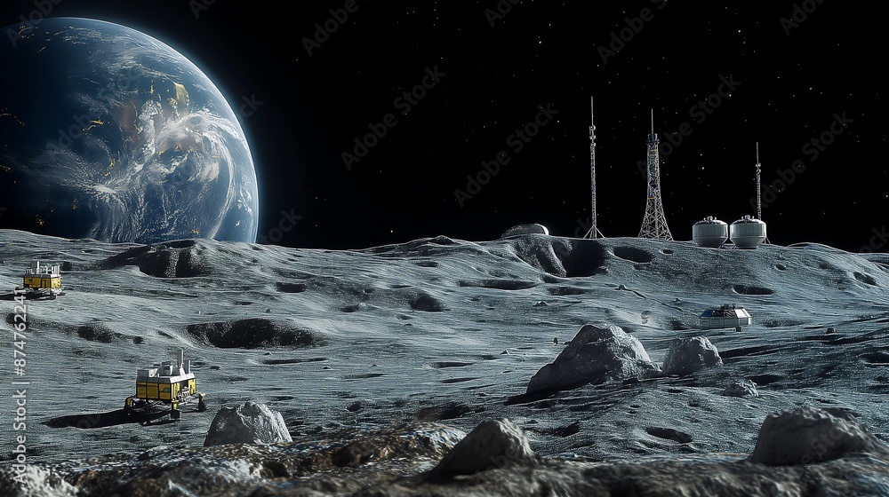 Moon Base with Beautiful Earthrise in the Background, Featuring Lunar ...