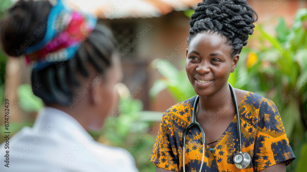 Friendly nurse conversing with a patient in an outdoor setting, promoting healthcare and community well-being. Friendly nurse conversing with a patient in an outdoor setting, promoting healthcare and community well-being.