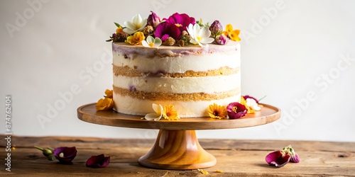 Delicate edible flower petals adorn a decadent layer cake with soft pastel hues, golden accents, and wispy tendrils on a rustic wooden serving stand. photo