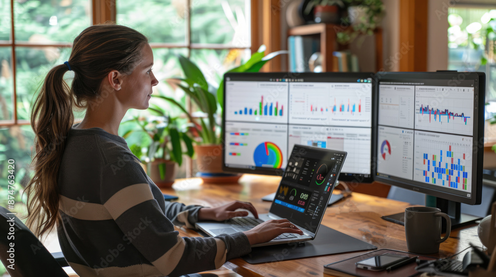 A woman works at a computer, studies charts and graphs, and conducts market research. The girl will create a business sales strategy. The student collects information for his thesis. Data analysis. A woman works at a computer, studies charts and graphs, and conducts market research. The girl will create a business sales strategy. The student collects information for his thesis. Data analysis.