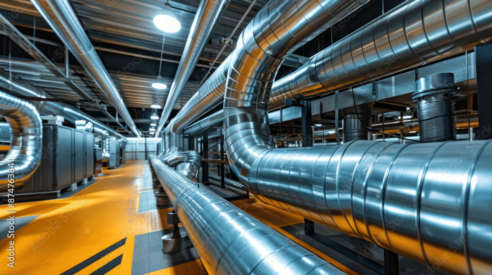 Advanced HVAC pipes and ducts in a modern industrial facility, showcasing efficient engineering and clean design. Advanced HVAC pipes and ducts in a modern industrial facility, showcasing efficient engineering and clean design.