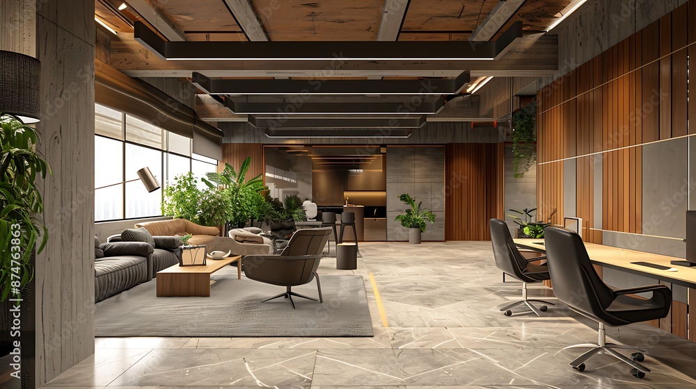 Naklejka premium Front view render of modern office, working room dark wood table.