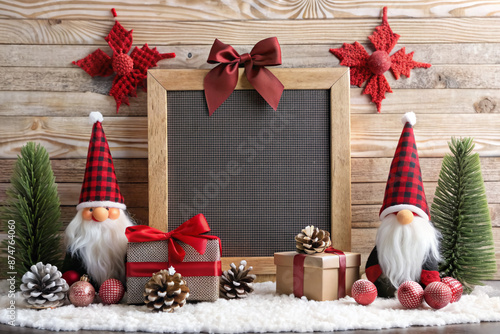 Rustic wooden backdrop features festive farmhouse-themed letterboard announcement, adorned with buffalo plaid bow and whimsical gnomes, surrounded by thoughtful gifts and wintery charm.