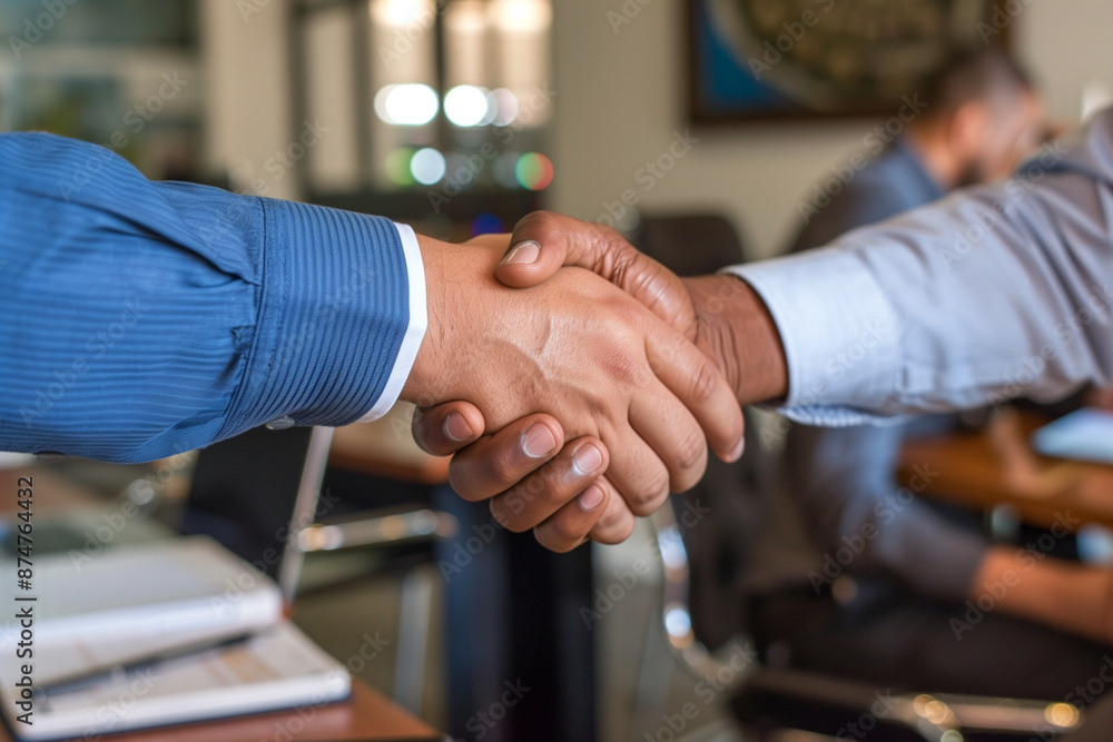 Two people shaking hands in a business setting. Concept of professionalism and trust between the two individuals Two people shaking hands in a business setting. Concept of professionalism and trust between the two individuals