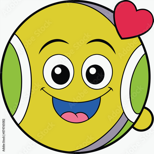 Smiling Yellow Tennis Ball Cartoon Character With Red Heart, A cartoon tennis ball with a happy face and big eyes is shown smiling, with a red heart on top of it, suggesting love or affection.