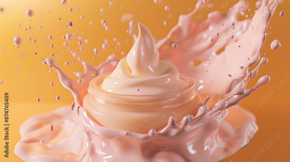 Cream Jar with Dynamic Splash Effect Against a Warm Background Cream Jar with Dynamic Splash Effect Against a Warm Background
