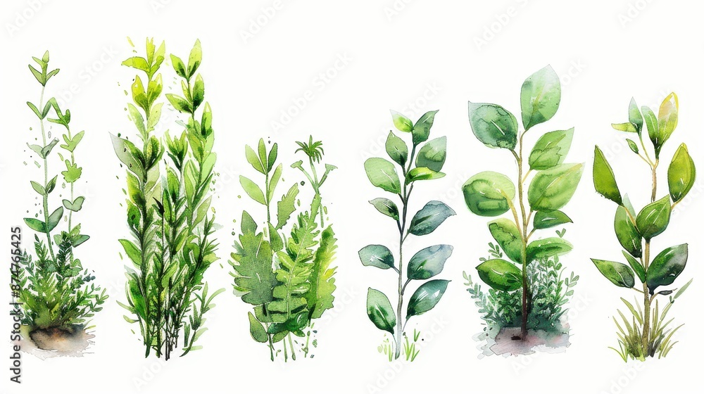 Watercolor illustration of various green plants and herbs, showcasing their lush foliage and delicate textures on a white background. Watercolor illustration of various green plants and herbs, showcasing their lush foliage and delicate textures on a white background.
