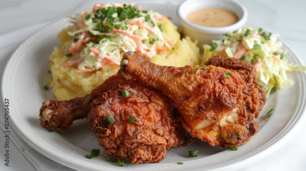 A plate of crispy, golden fried chicken served with a side of creamy mashed potatoes, rich gravy, and a fresh, homemade coleslaw with a tangy, zesty dressing A plate of crispy, golden fried chicken served with a side of creamy mashed potatoes, rich gravy, and a fresh, homemade coleslaw with a tangy, zesty dressing