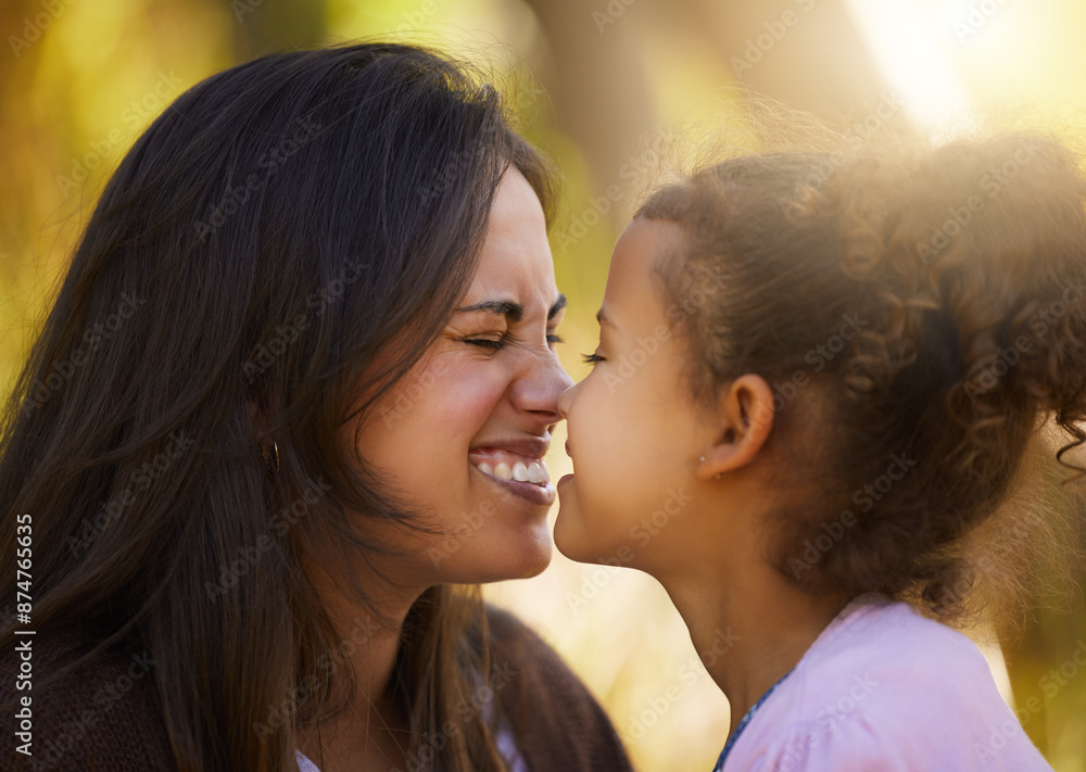 Mother, child and nose touch in nature, love and bonding to connect in childhood at garden. Mama, daughter and playing game for support in outdoor profile, happiness and affection for relationship Mother, child and nose touch in nature, love and bonding to connect in childhood at garden. Mama, daughter and playing game for support in outdoor profile, happiness and affection for relationship
