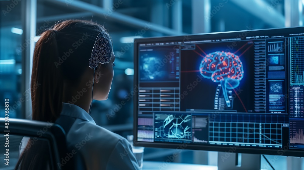 Experience Advanced AI Interfaces and Complex Data Visualizations Controlled by a Futuristic Headset in a Sophisticated Tech Lab Experience Advanced AI Interfaces and Complex Data Visualizations Controlled by a Futuristic Headset in a Sophisticated Tech Lab