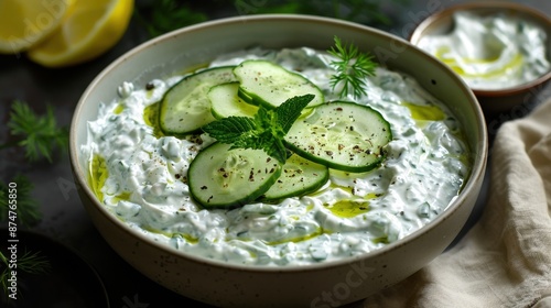 A bowl of creamy, tangy tzatziki sauce made with fresh, crunchy cucumbers, creamy yogurt, and aromatic garlic, perfect for dipping or as a condiment