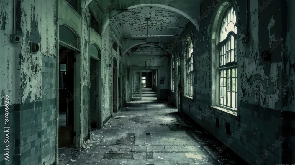 Fototapeta premium Abandoned Boarding School: Ghostly Hallways and Eerie Classrooms