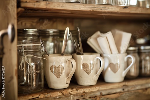 Kitchen cabinet shelf with cups photo