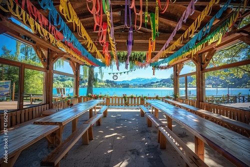 typical bavarian beergarden with wooden benches and tables photo