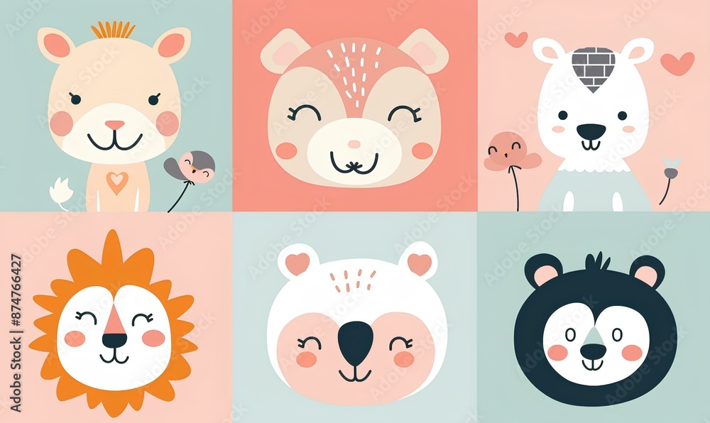 Cute animal faces in pastel colors on a squared background, vector illustration for baby room decor, wallpaper or poster design featuring different animals like rabbits and foxes, deer heads and panda Cute animal faces in pastel colors on a squared background, vector illustration for baby room decor, wallpaper or poster design featuring different animals like rabbits and foxes, deer heads and panda