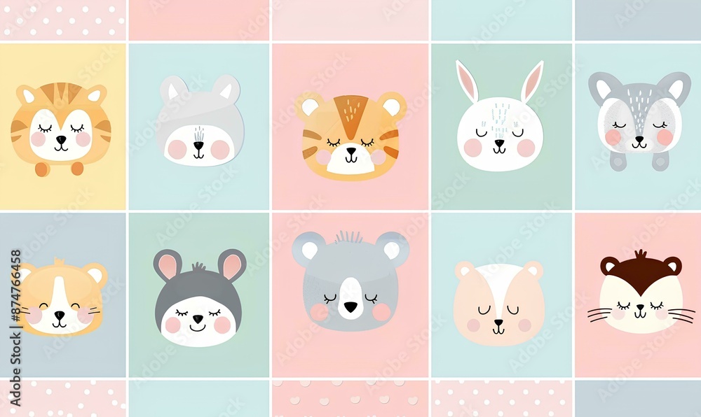 Cute animal faces in pastel colors on a squared background, vector illustration for baby room decor, wallpaper or poster design featuring different animals like rabbits and foxes, deer heads and panda Cute animal faces in pastel colors on a squared background, vector illustration for baby room decor, wallpaper or poster design featuring different animals like rabbits and foxes, deer heads and panda
