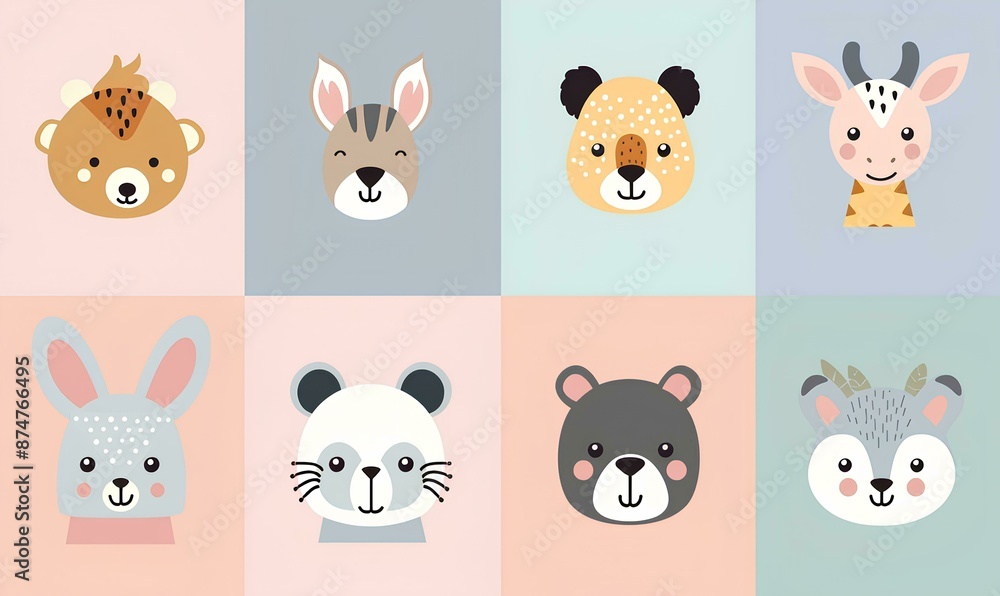 Cute animal faces in pastel colors on a squared background, vector illustration for baby room decor, wallpaper or poster design featuring different animals like rabbits and foxes, deer heads and panda Cute animal faces in pastel colors on a squared background, vector illustration for baby room decor, wallpaper or poster design featuring different animals like rabbits and foxes, deer heads and panda