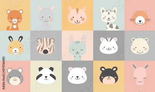 Cute animal faces in pastel colors on a squared background, vector illustration for baby room decor, wallpaper or poster design featuring different animals like rabbits and foxes, deer heads and panda
