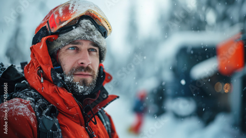 Close-up of a man in red winter gear and goggles, standing in a snowy environment with a determined expression. © khonkangrua