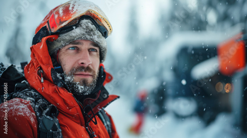 Close-up of a man in red winter gear and goggles, standing in a snowy environment with a determined expression.