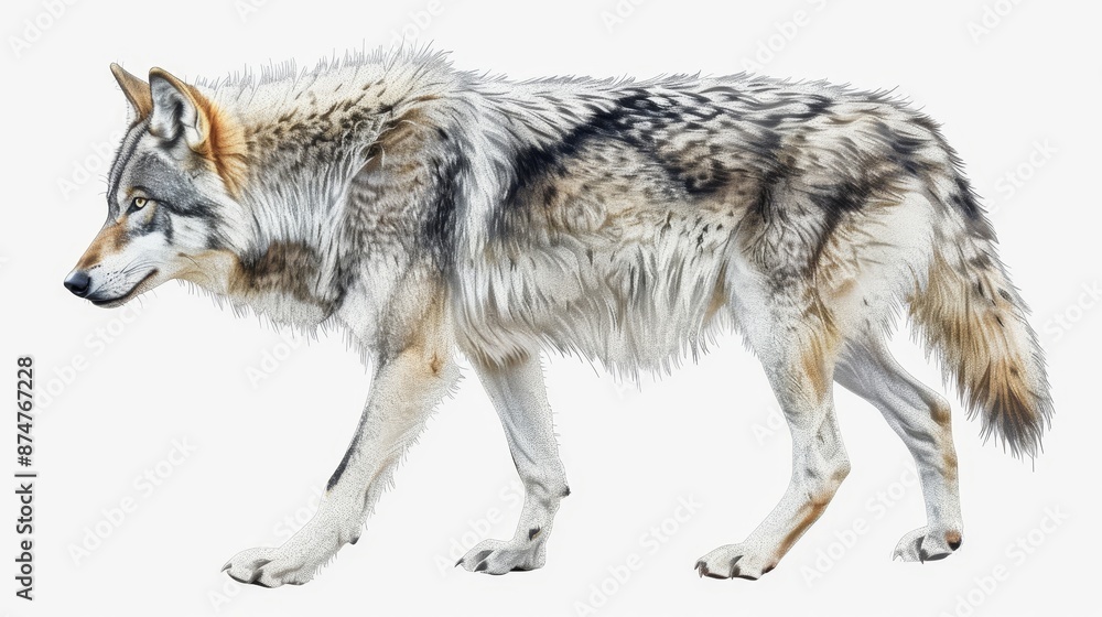 A grey wolf is walking on a white background A grey wolf is walking on a white background
