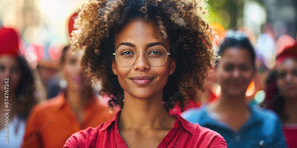 Fototapeta premium Portrait of a confident woman with curly hair and glasses, standing out in a diverse urban crowd.