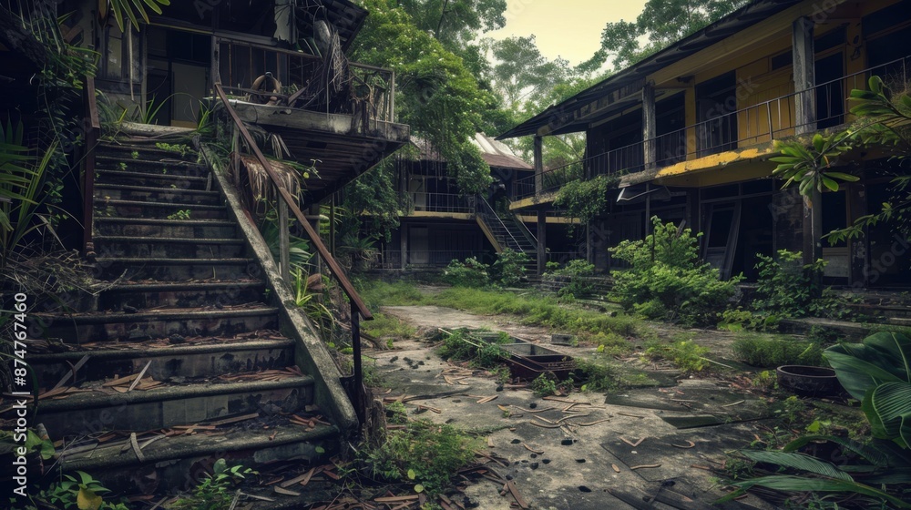 Desolate Paradise Lost: Abandoned Resort with Broken Bungalows and Haunting Beach Desolate Paradise Lost: Abandoned Resort with Broken Bungalows and Haunting Beach