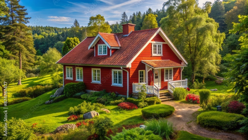 Vibrant red house with matching red roof and white trim, surrounded by lush greenery and a serene natural landscape. Vibrant red house with matching red roof and white trim, surrounded by lush greenery and a serene natural landscape.