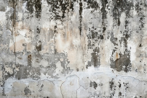 Weathered concrete wall with peeling paint and cracks, showcasing an aged and textured surface.