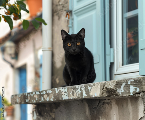 small black cat sitting omn wall photo