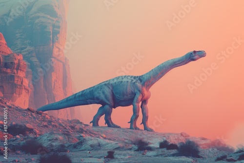 Majestic dinosaur stands against a rocky landscape at sunrise. photo