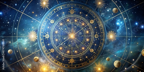 Wallpaper Mural Celestial astrology chart with golden intricate lines and symbols on a vibrant starry night sky, shimmering with diamonds and soft, ethereal blue hues. Torontodigital.ca