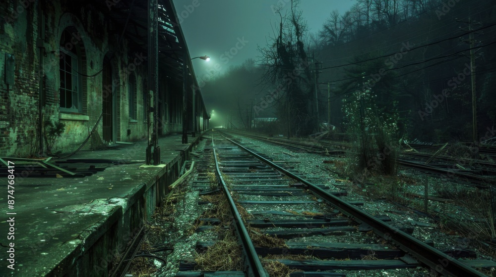 Fototapeta premium Ghostly Remnants: Haunted Train Depot with Decayed Tracks and Eerie Silence