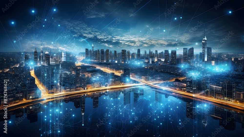 Futuristic Cityscape with Digital Network Futuristic Cityscape with Digital Network