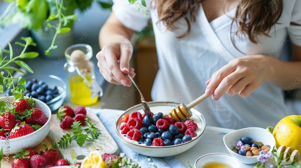 A woman prepares a wholesome breakfast, blending natural yogurt with fresh raspberries, blueberries, strawberries, and blackberries, with a bowl of honey and various fresh fruits on the table. A woman prepares a wholesome breakfast, blending natural yogurt with fresh raspberries, blueberries, strawberries, and blackberries, with a bowl of honey and various fresh fruits on the table.