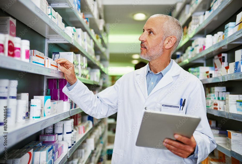 Inventory, inspection and tablet with mature pharmacist checking stock of medicine on shelves for online order. Healthcare, prescription and technology with man in pharmacy for medical ecommerce Inventory, inspection and tablet with mature pharmacist checking stock of medicine on shelves for online order. Healthcare, prescription and technology with man in pharmacy for medical ecommerce