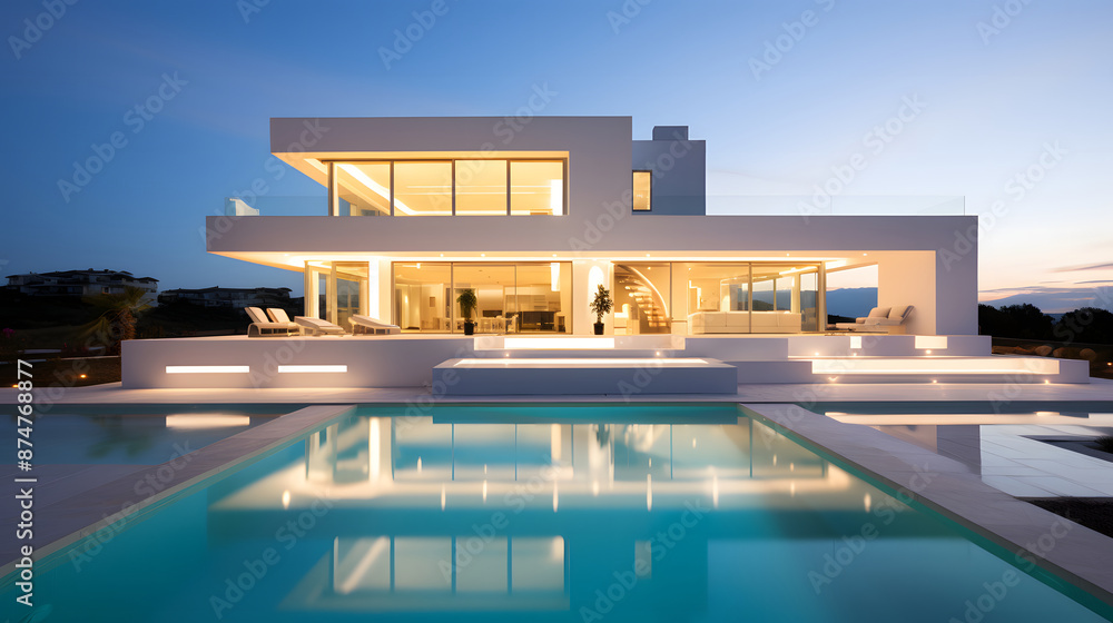 Fototapeta premium Modern Luxurious House with Pool at Sunset