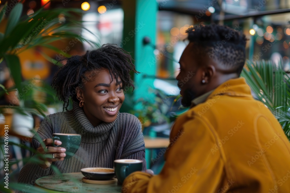 A happy black woman in her thirties having coffee with an African American man at the table. A happy black woman in her thirties having coffee with an African American man at the table.