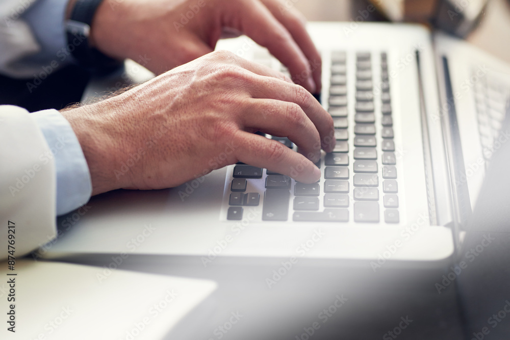 Medical, doctor and hands on laptop in clinic for research, wellness investigation or report for healthcare. Person, keyboard and typing for telehealth in hospital with internet, plan for surgery Medical, doctor and hands on laptop in clinic for research, wellness investigation or report for healthcare. Person, keyboard and typing for telehealth in hospital with internet, plan for surgery